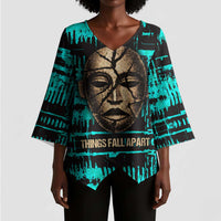 Chinua Achebe Kimono Sleeve Blouse with Tribal Mask Design, Things Fall Apart Quote and Teal Abstract - Wonder Print Shop