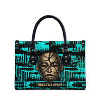 Chinua Achebe Leather Bag with Tribal Mask Design, Things Fall Apart Quote and Teal Abstract - Wonder Print Shop