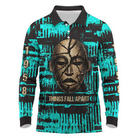 Chinua Achebe Long Sleeve Polo Shirt with Tribal Mask Design, Things Fall Apart Quote and Teal Abstract - Wonder Print Shop