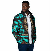 Chinua Achebe Padded Jacket with Tribal Mask Design, Things Fall Apart Quote and Teal Abstract - Wonder Print Shop