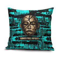 Chinua Achebe Pillow Cover with Tribal Mask Design, Things Fall Apart Quote and Teal Abstract - Wonder Print Shop