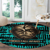 Chinua Achebe Round Carpet with Tribal Mask Design, Things Fall Apart Quote and Teal Abstract - Wonder Print Shop