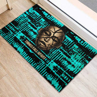 Chinua Achebe Rubber Doormat with Tribal Mask Design, Things Fall Apart Quote and Teal Abstract - Wonder Print Shop