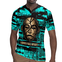 Chinua Achebe Rugby Jersey with Tribal Mask Design, Things Fall Apart Quote and Teal Abstract - Wonder Print Shop