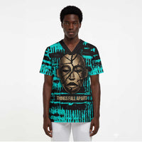 Chinua Achebe Scrub Top with Tribal Mask Design, Things Fall Apart Quote and Teal Abstract - Wonder Print Shop