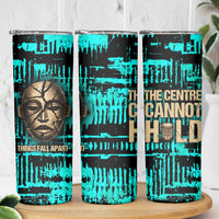 Chinua Achebe Skinny Tumbler with Tribal Mask Design, Things Fall Apart Quote and Teal Abstract - Wonder Print Shop