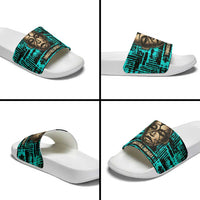 Chinua Achebe Slide Sandals with Tribal Mask Design, Things Fall Apart Quote and Teal Abstract - Wonder Print Shop