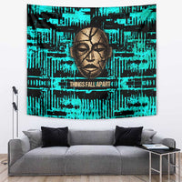 Chinua Achebe Tapestry with Tribal Mask Design, Things Fall Apart Quote and Teal Abstract - Wonder Print Shop