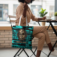 Chinua Achebe Tote Bag with Tribal Mask Design, Things Fall Apart Quote and Teal Abstract - Wonder Print Shop