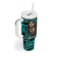 Chinua Achebe Tumbler With Handle with Tribal Mask Design, Things Fall Apart Quote and Teal Abstract - Wonder Print Shop