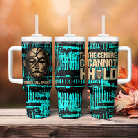 Chinua Achebe Tumbler With Handle with Tribal Mask Design, Things Fall Apart Quote and Teal Abstract - Wonder Print Shop