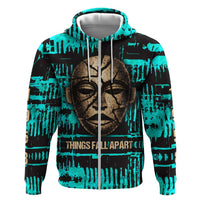 Chinua Achebe Zip Hoodie with Tribal Mask Design, Things Fall Apart Quote and Teal Abstract - Wonder Print Shop