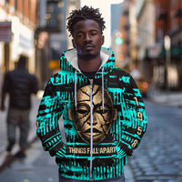 Chinua Achebe Zip Hoodie with Tribal Mask Design, Things Fall Apart Quote and Teal Abstract - Wonder Print Shop
