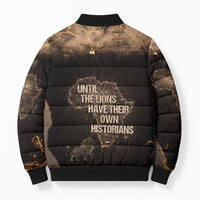 Chinua Achebe Bomber Puffer Jacket with Sepia Portrait, Lion Historians Quote and Vintage African Map - Wonder Print Shop