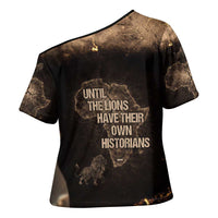 Chinua Achebe Cross Shoulder Shirt with Sepia Portrait, Lion Historians Quote and Vintage African Map - Wonder Print Shop