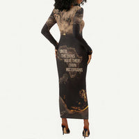 Chinua Achebe Long Sleeve Bodycon Dress with Sepia Portrait, Lion Historians Quote and Vintage African Map - Wonder Print Shop