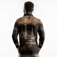 Chinua Achebe Long Sleeve Polo Shirt with Sepia Portrait, Lion Historians Quote and Vintage African Map - Wonder Print Shop