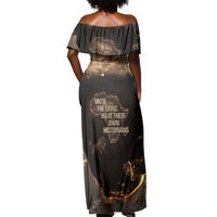 Chinua Achebe Off Shoulder Maxi Dress with Sepia Portrait, Lion Historians Quote and Vintage African Map - Wonder Print Shop