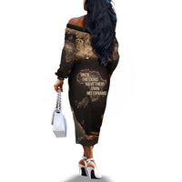 Chinua Achebe Off The Shoulder Long Sleeve Dress with Sepia Portrait, Lion Historians Quote and Vintage African Map - Wonder Print Shop