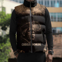Chinua Achebe Sleeveless Puffer Jacket with Sepia Portrait, Lion Historians Quote and Vintage African Map - Wonder Print Shop