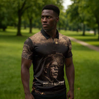 Chinua Achebe Zipper Polo Shirt with Sepia Portrait, Lion Historians Quote and Vintage African Map - Wonder Print Shop