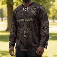 Chinua Achebe Hockey Jersey with Tribal Symbol Design, The Storyteller Quote and Africa Wrote Back - Wonder Print Shop