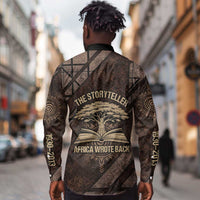 Chinua Achebe Long Sleeve Button Shirt with Tribal Symbol Design, The Storyteller Quote and Africa Wrote Back - Wonder Print Shop