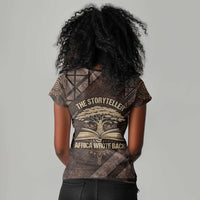 Chinua Achebe Women V-Neck T-Shirt with Tribal Symbol Design, The Storyteller Quote and Africa Wrote Back - Wonder Print Shop
