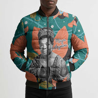 Maya Angelou Bomber Puffer Jacket Inspirational Quote Design Vibrant Teal and Orange Leaf Motif - Wonder Print Shop