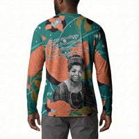 Maya Angelou Button Sweatshirt Inspirational Quote Design Vibrant Teal and Orange Leaf Motif