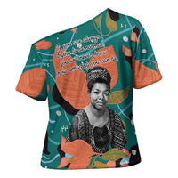 Maya Angelou Cross Shoulder Shirt Inspirational Quote Design Vibrant Teal and Orange Leaf Motif - Wonder Print Shop