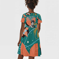 Maya Angelou Kid Short Sleeve Dress Inspirational Quote Design Vibrant Teal and Orange Leaf Motif - Wonder Print Shop
