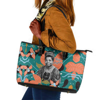 Maya Angelou Leather Tote Bag Inspirational Quote Design Vibrant Teal and Orange Leaf Motif - Wonder Print Shop