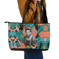 Maya Angelou Leather Tote Bag Inspirational Quote Design Vibrant Teal and Orange Leaf Motif - Wonder Print Shop