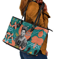 Maya Angelou Leather Tote Bag Inspirational Quote Design Vibrant Teal and Orange Leaf Motif - Wonder Print Shop