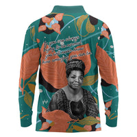 Maya Angelou Long Sleeve Polo Shirt Inspirational Quote Design Vibrant Teal and Orange Leaf Motif - Wonder Print Shop