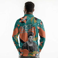 Maya Angelou Long Sleeve Polo Shirt Inspirational Quote Design Vibrant Teal and Orange Leaf Motif - Wonder Print Shop