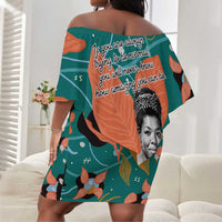Maya Angelou Off Shoulder Short Dress Inspirational Quote Design Vibrant Teal and Orange Leaf Motif - Wonder Print Shop