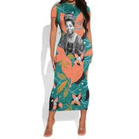 Maya Angelou Short Sleeve Bodycon Dress Inspirational Quote Design Vibrant Teal and Orange Leaf Motif - Wonder Print Shop
