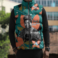 Maya Angelou Sleeveless Puffer Jacket Inspirational Quote Design Vibrant Teal and Orange Leaf Motif - Wonder Print Shop