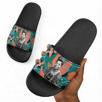 Maya Angelou Slide Sandals Inspirational Quote Design Vibrant Teal and Orange Leaf Motif - Wonder Print Shop