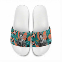 Maya Angelou Slide Sandals Inspirational Quote Design Vibrant Teal and Orange Leaf Motif - Wonder Print Shop