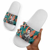 Maya Angelou Slide Sandals Inspirational Quote Design Vibrant Teal and Orange Leaf Motif - Wonder Print Shop