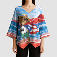 Coqui Frog Puerto Rico Flag Kimono Sleeve Blouse Taino Boricua Puerto Rican