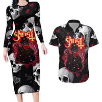 Ghost Valentine Couples Matching Long Sleeve Bodycon Dress and Hawaiian Shirt with Rockets Skull Heart Pattern