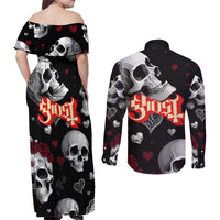 Ghost Valentine Couples Matching Off Shoulder Maxi Dress and Long Sleeve Button Shirt with Rockets Skull Heart Pattern