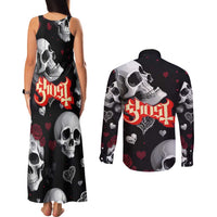 Ghost Valentine Couples Matching Tank Maxi Dress and Long Sleeve Button Shirt with Rockets Skull Heart Pattern