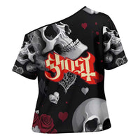 Ghost Valentine Cross Shoulder Shirt with Rockets Skull Heart Pattern