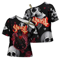 Ghost Valentine Cross Shoulder Shirt with Rockets Skull Heart Pattern