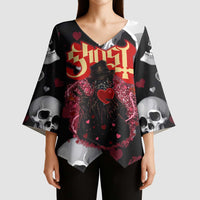 Ghost Valentine Kimono Sleeve Blouse with Rockets Skull Heart Pattern